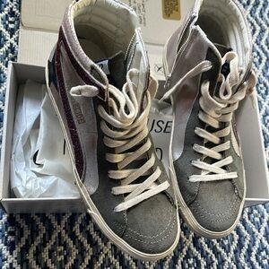 New Golden Goose Olive Green Suede Laminated Slide w/ Glitter Burgundy. Sz. 38